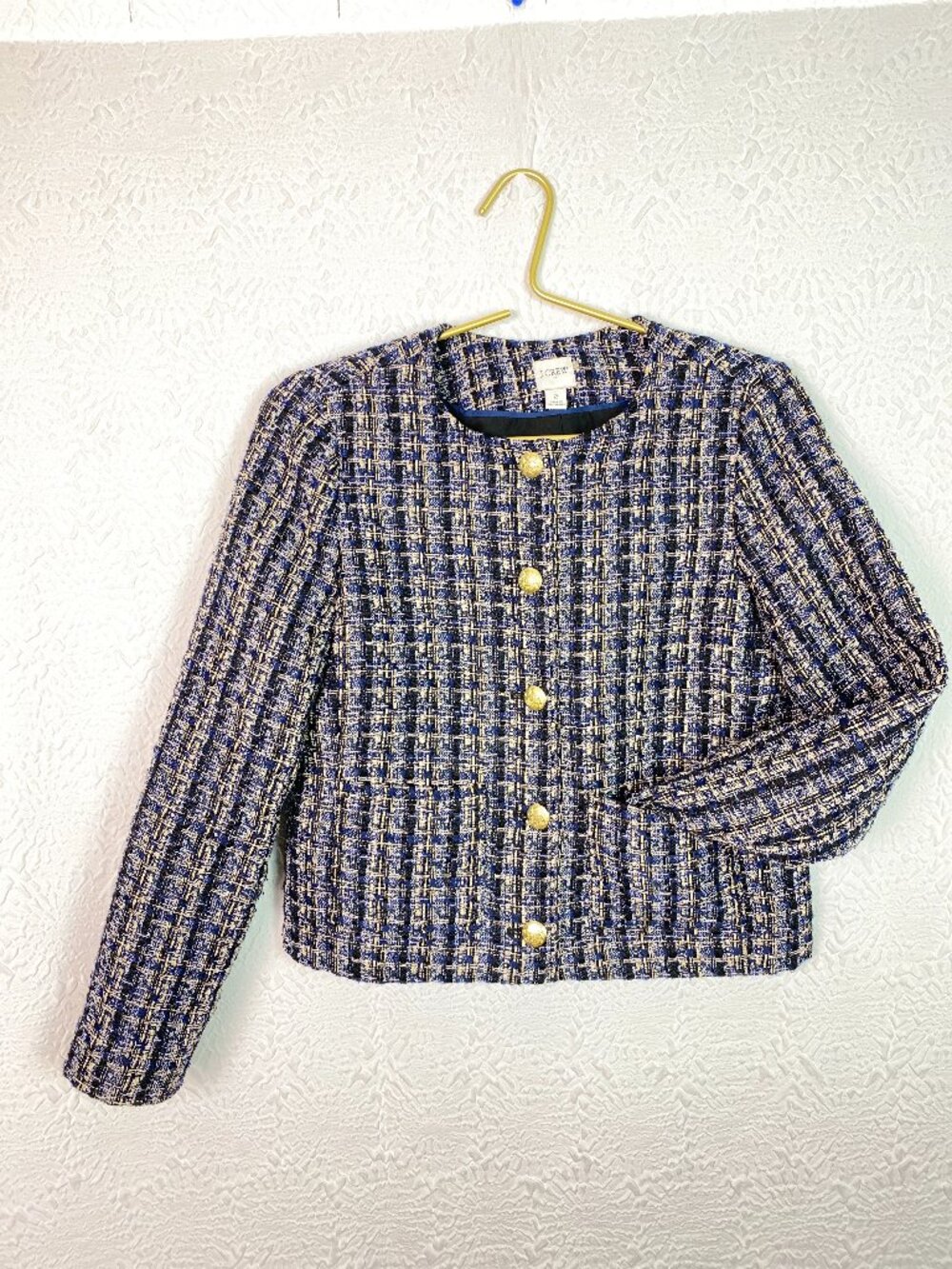 J.Crew Cropped Tweed Jacket Blue Gold Textured Blazer Size 2 Style BS926